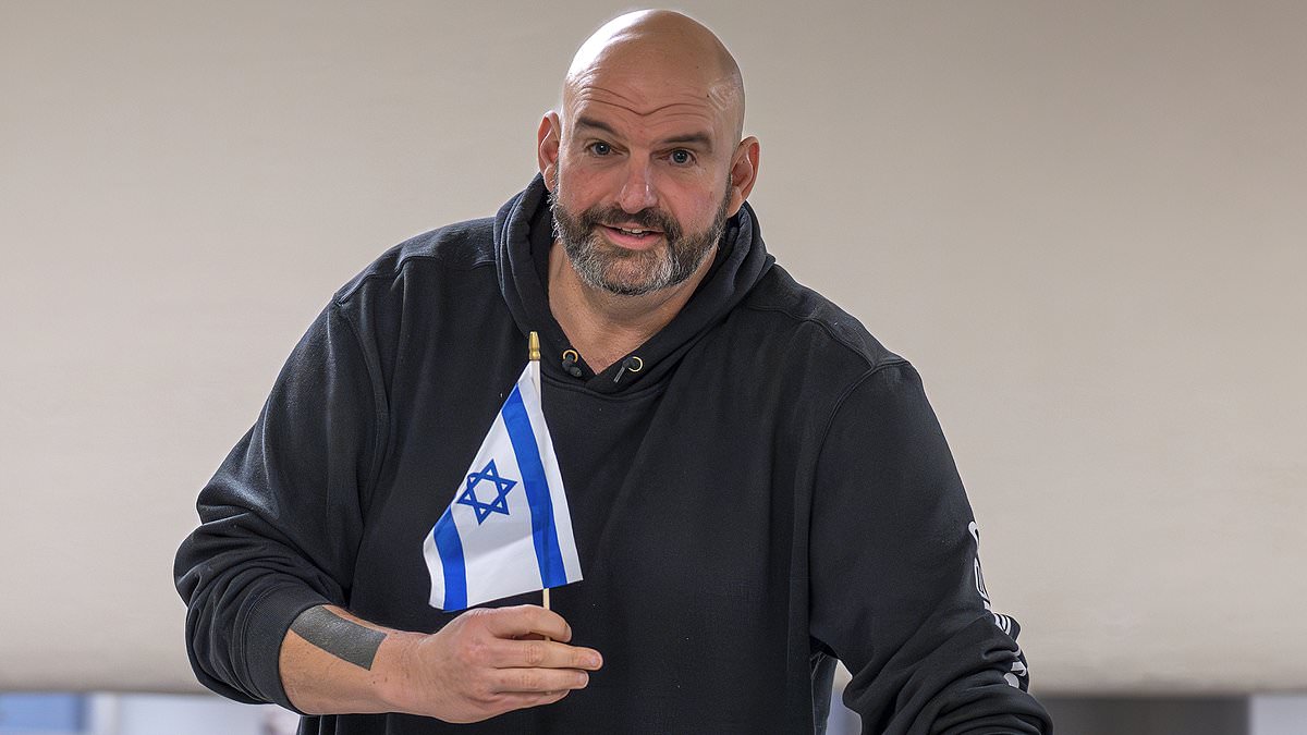 alert-–-john-fetterman-trolls-pro-palestine-protestors-by-waving-huge-israeli-flag-at-mob-who-turned-up-at-his-pennsylvania-home,-chanting-‘you’re-supporting-genocide