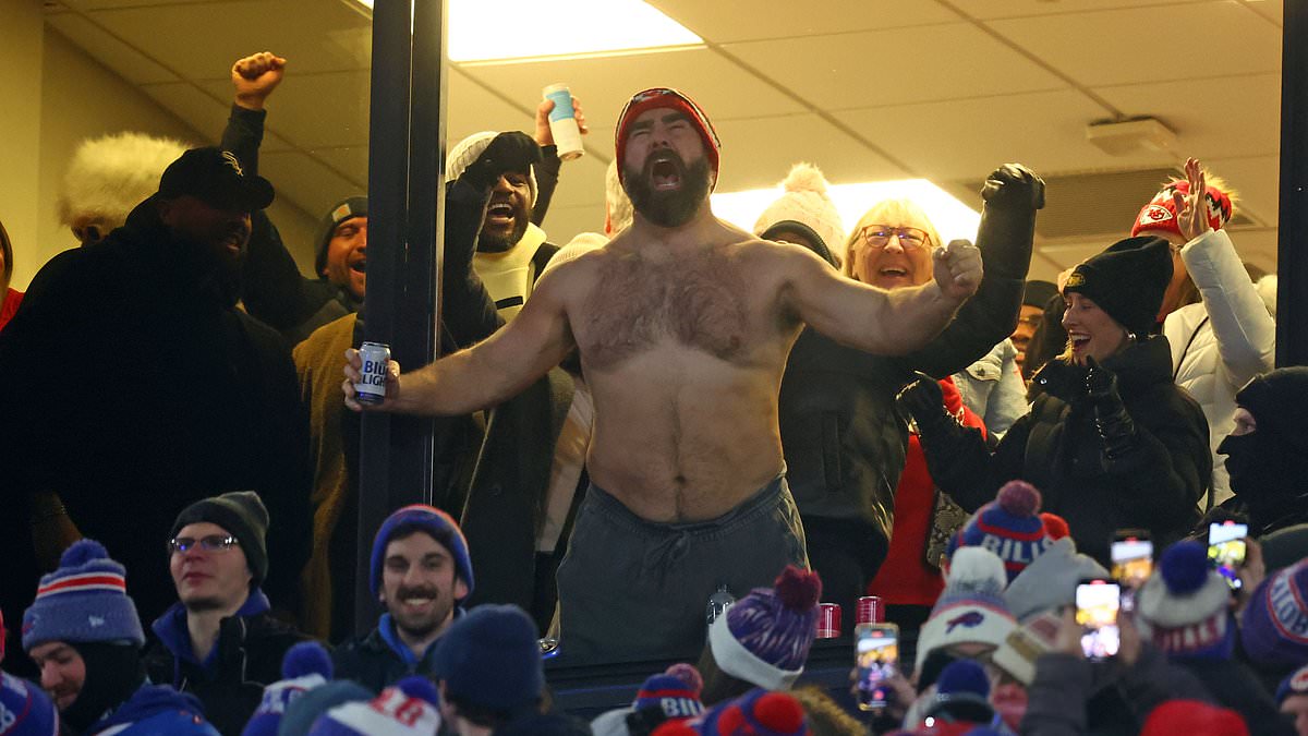 alert-–-jason-kelce-steals-the-limelight-from-taylor-swift-with-his-shirtless-beer-chugging-as-brother-travis-helped-steer-chiefs-to-win-over-bills-–-after-meeting-megastar-for-first-time-amid-rumors-of-‘frosty-relations’