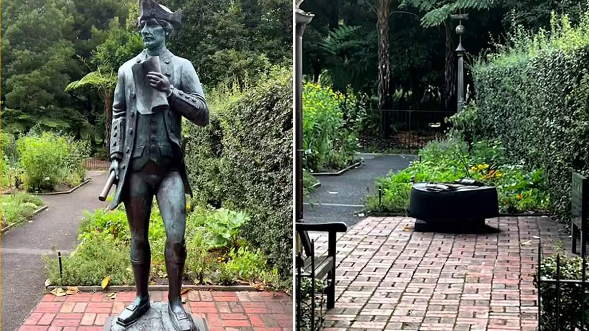 alert-–-captain-cook-statue,-melbourne:-famous-explorer’s-sculpture-at-cooks’-cottage-in-east-melbourne’s-fitzroy-gardens-hacked-off