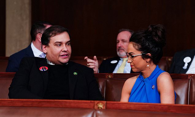 alert-–-george-santos-returns-to-the-capitol-for-biden’s-state-of-the-union-three-months-after-he-was-expelled:-marjorie-taylor-greene-wears-a-laken-riley-‘say-her-name’-t-shirt-as-lawmakers-start-to-arrive