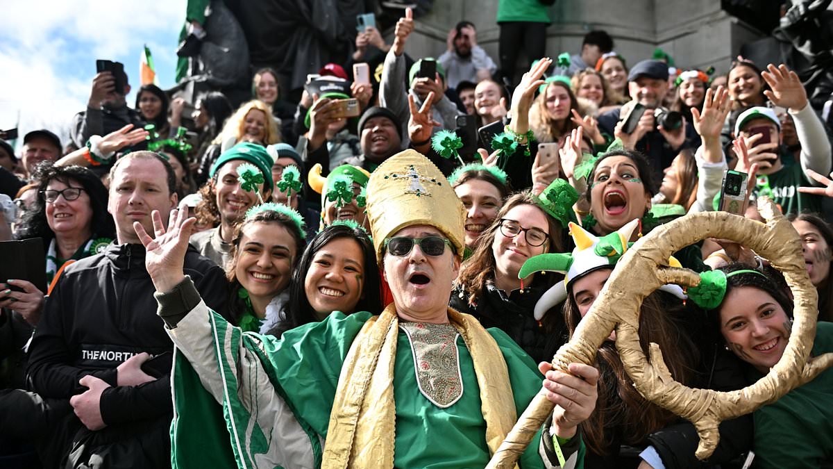 alert-–-going-green-for-st-patrick’s-day!-revellers-in-london-and-dublin-don-shamrock-shaped-sunglasses,-irish-jerseys-and-leprechaun-hats-as-they-commemorates-ireland’s-patron-saint-in-style