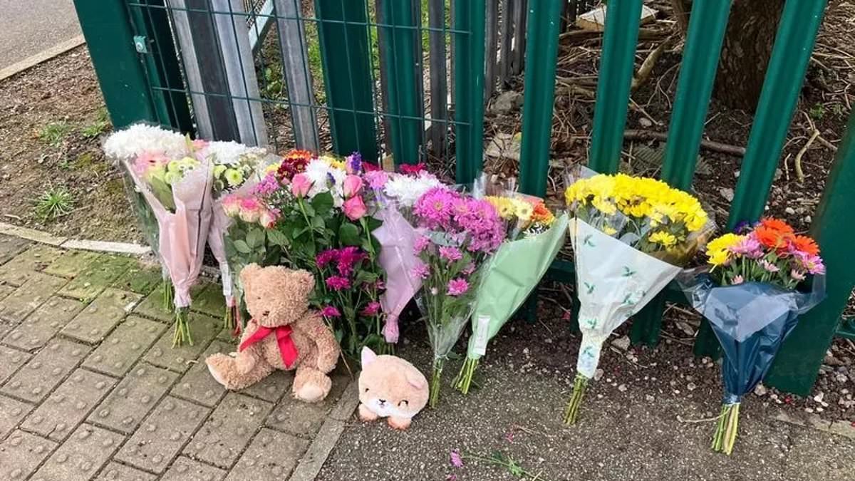 alert-–-girl,-five,-dies-after-being-hit-by-a-lorry-as-she-rode-her-bike-outside-school-–-as-mourners-leave-flowers-and-teddy-bears-at-the-scene-in-tribute