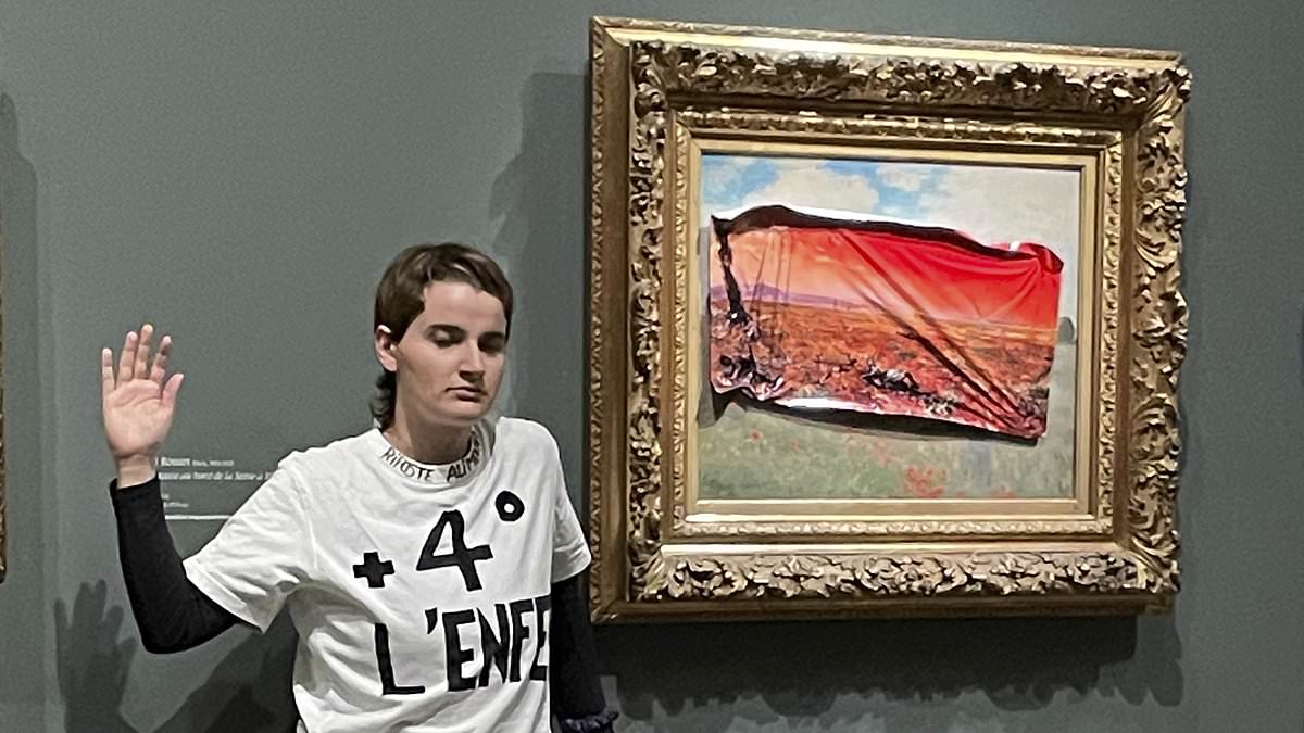 alert-–-infuriating-moment-eco-activist-defaces-monet-painting-in-paris’-famed-orsay-museum-by-sticking-image-depicting-a-fiery-apocalypse-over-the-top-of-it-–-as-climate-change-protester-is-detained