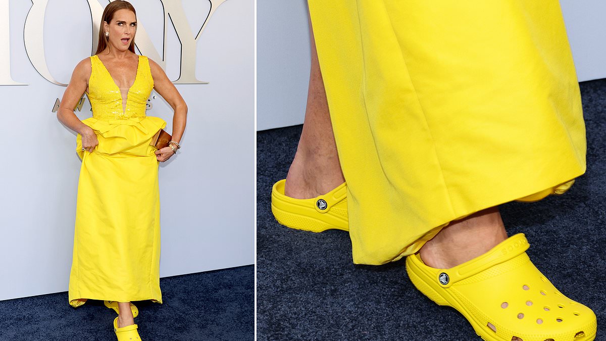 alert-–-tony-awards-2024:-brooke-shields-pairs-glamorous-gown-with-yellow-crocs-as-she-hits-the-red-carpet…-two-days-after-revealing-‘double-foot-toe-surgery’