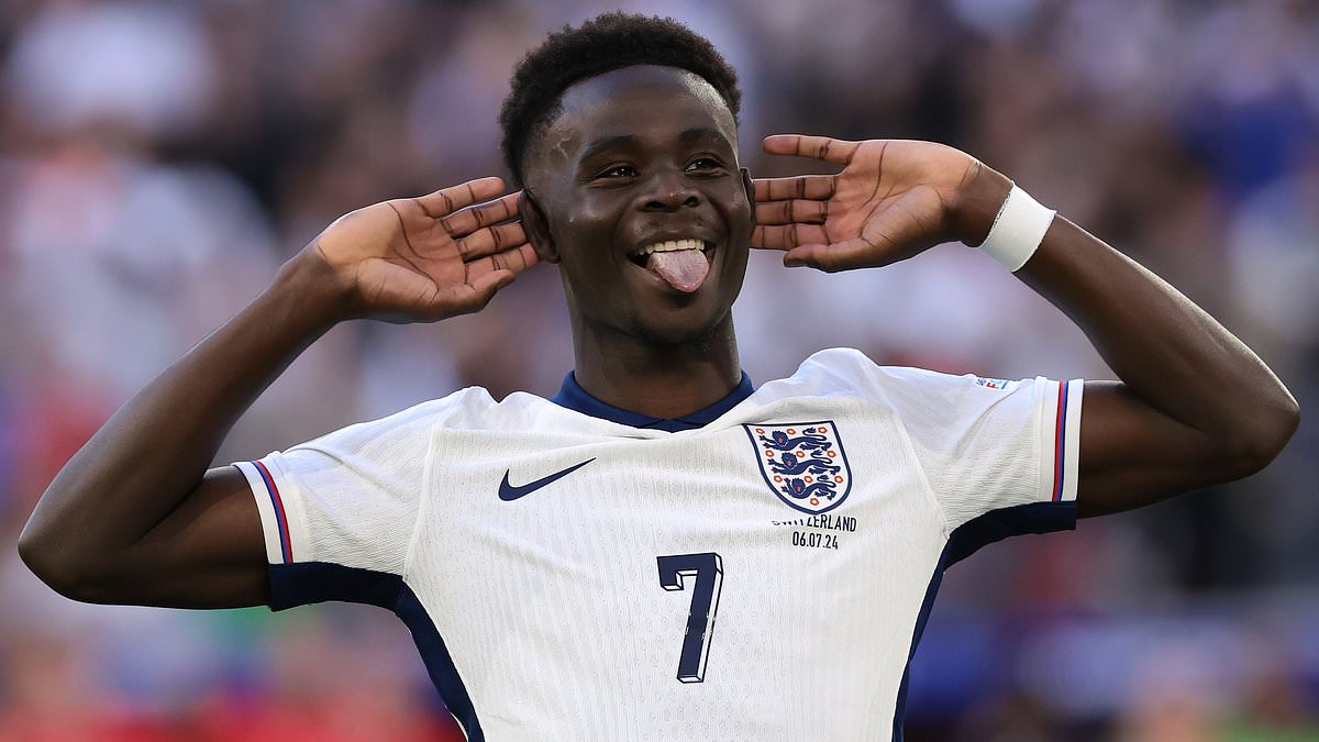 alert-–-england-goalscoring-hero-bukayo-saka-has-a-shot-at-golf…and-ends-up-taking-a-dive-as-three-lions-semi-finalists-have-fun-combining-club-and-country-duty