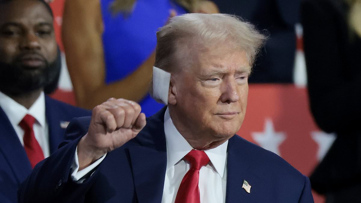 alert-–-trump-gets-a-hero’s-welcome-at-the-republican-convention:-former-president-greets-cheering-fans-with-a-bandage-on-his-ear-just-two-days-after-assassination-attempt