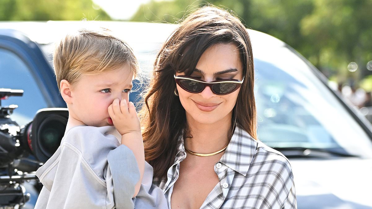 alert-–-emily-ratajkowski-puts-on-a-busty-display-in-a-checked-shirt-and-leather-skirt-as-she-brings-son sylvester-apollo-bear,-3,-to-loewe’s-show-during-paris-fashion-week