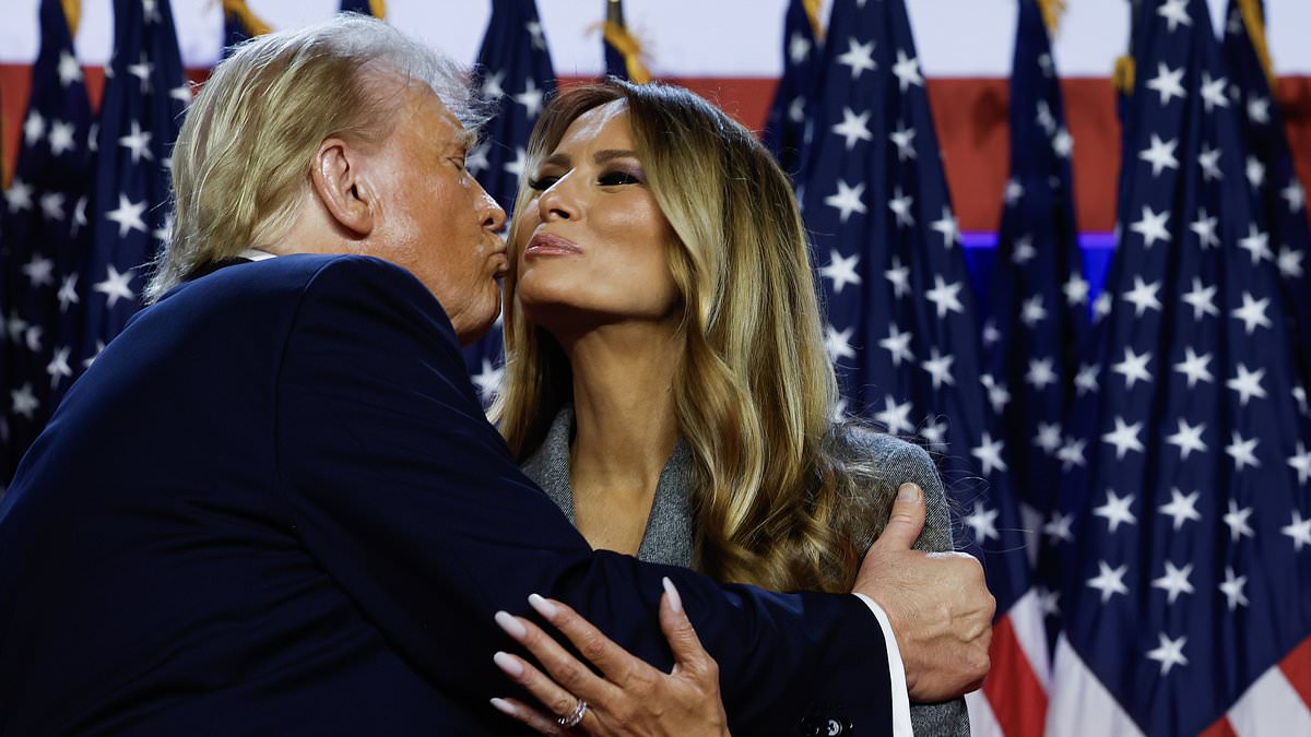 alert-–-standing-by-her-man-(again):-melania-smiles-and-even-gives-donald-a-kiss-as-he-celebrates-his-victory-–-having-endured-the-embarrassment-of-rape-trials-and-porn-star-‘hush-money’-over-past-four-years