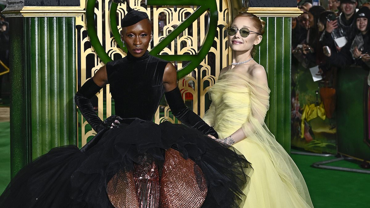 alert-–-ariana-grande-looks ethereal-in-a-flowing-yellow-gown-while-cynthia-erivo-sports-a-futuristic-black-number-as-they-swap-their-staple-green-and-pink-looks-at-the-very-star-studded-uk-premiere-of-wicked