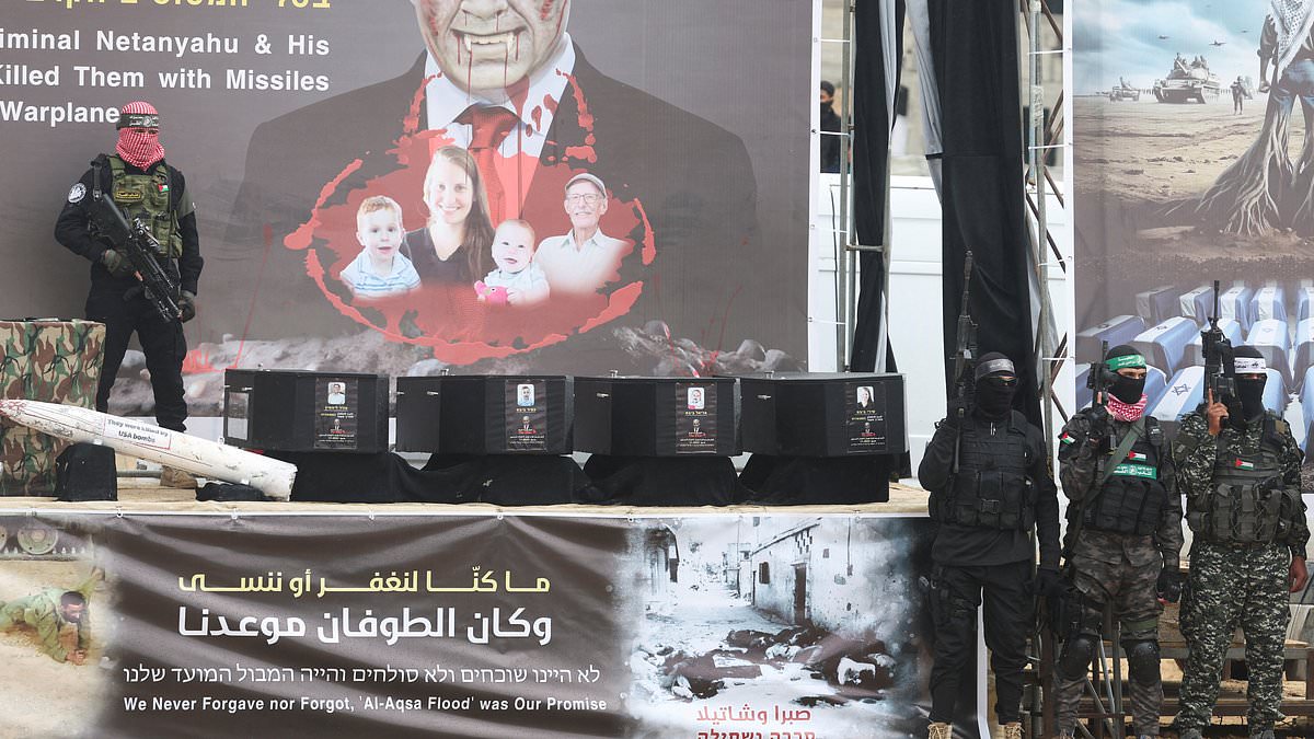 alert-–-israel-braces-for-its-saddest-day:-hamas-terrorists-stand-over-four-coffins-as-they-prepare-to-hand-over-the-bodies-of-october-7-hostages-shiri-bibas-and-her-young-children-ariel-and-kfir